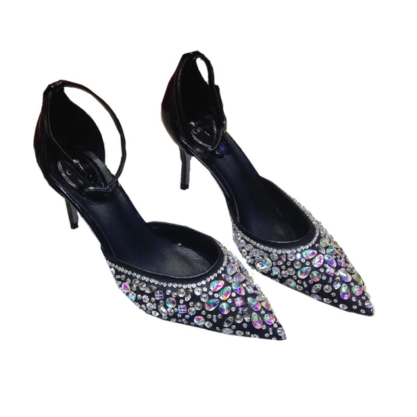 Schöne Schwarz Cocktail Strass Sandalen Damen 2020 Leder Knöchelriemen 9 cm Stilettos Spitzschuh Sandaletten