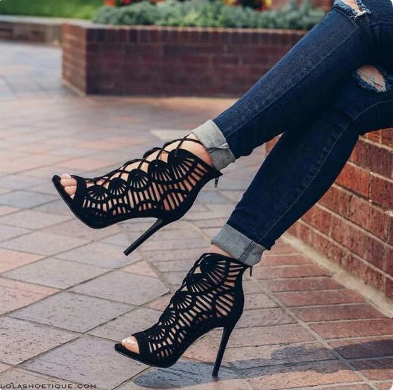 Charmant Noire Club de carnaval Percé Sandales Femme 2020 11 cm Talons Aiguilles Peep Toes / Bout Ouvert Sandales