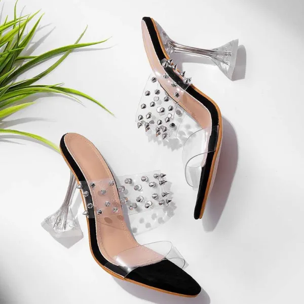 Charmant Schwarz Strassenmode Niet Sandalen Damen 2020 10 cm Stilettos Peeptoes Sandaletten