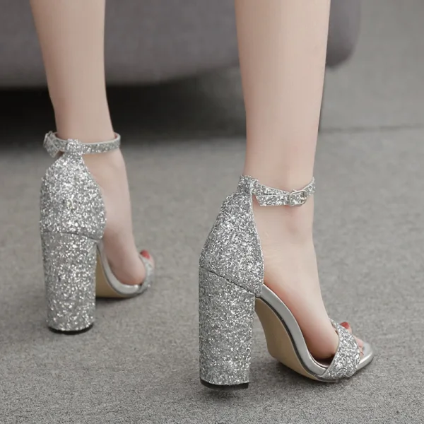 Scintillantes Argenté Soirée Paillettes Sandales Femme 2020 Bride Cheville 11 cm Talons Épais Peep Toes / Bout Ouvert Sandales