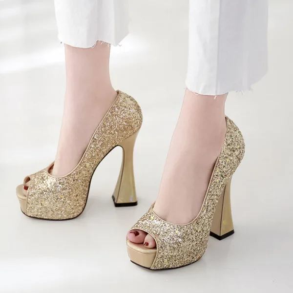 Scintillantes Argenté Club de carnaval Paillettes Sandales Femme 2020 13 cm Talons Épais Peep Toes / Bout Ouvert Sandales