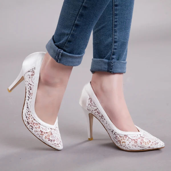 Mode Noire Promo En Dentelle Escarpins 2020 Satin 8 cm Talons Aiguilles À Bout Pointu Escarpins