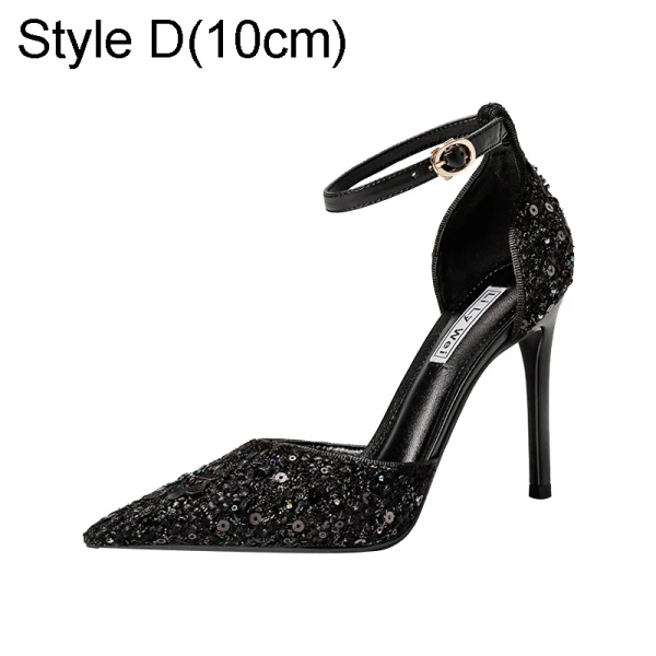 Charmant Schwarz Abend Perlenstickerei Pailletten Sandalen Damen 2021 Leder Knöchelriemen 10 cm Stilettos Spitzschuh Pumps Hochhackige