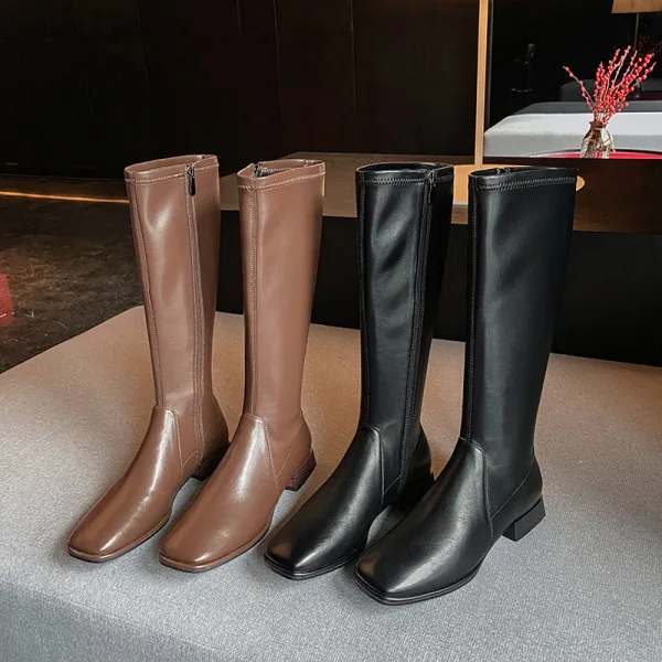 Chic / Belle Marron Vêtement de rue Talon Bas Bottes Femme 2020 Cuir 4 cm Talons Épais Pied Carré Bottes