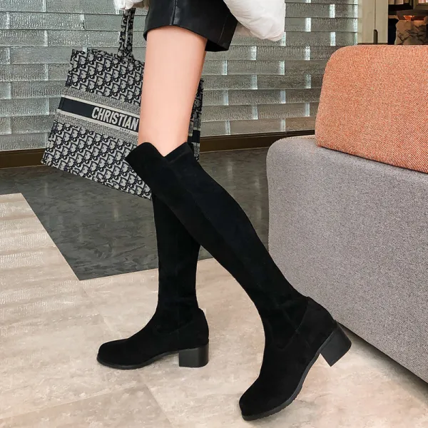 Chic / Beautiful Winter Black Street Wear Suede Womens Boots 2020 7 cm Thick Heels Round Toe Boots