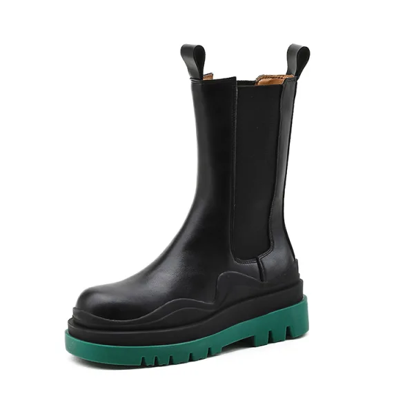 Eenvoudige Winter Zwarte Straatkleding Platte Ronde Neus Mid Kalf Dames Laarzen 2020