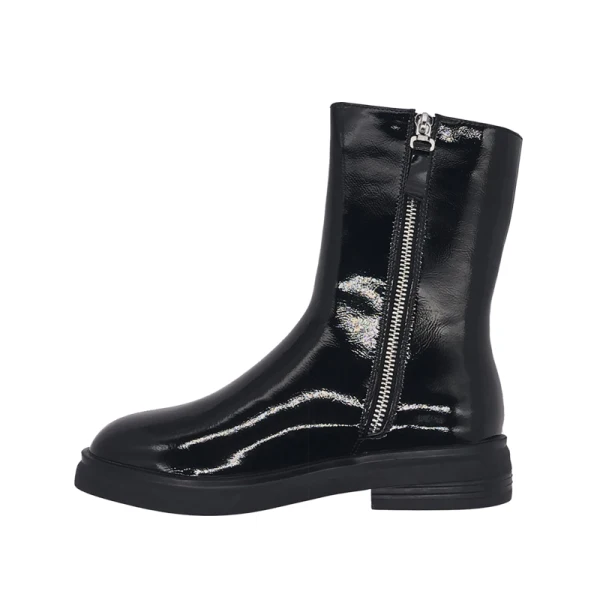 Fabuleux Tomber Océan Bleu Désinvolte Cuir Talon Bas Bottes Femme 2020 Cuir Verni 3 cm Talons Épais À Bout Rond Bottes