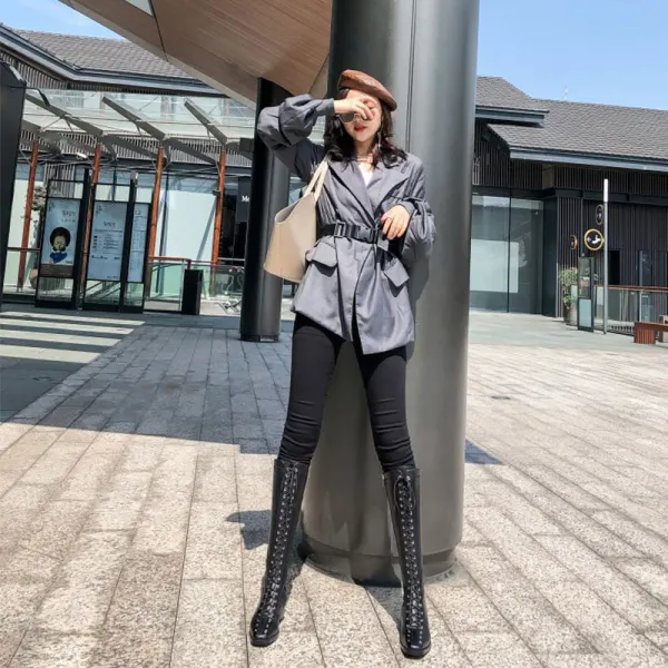 Schlicht Herbst Schwarz Strassenmode Kniehohe Stiefel Damen 2020 Leder 4 cm Thick Heels Low Heel Quadratische Zehe Stiefel