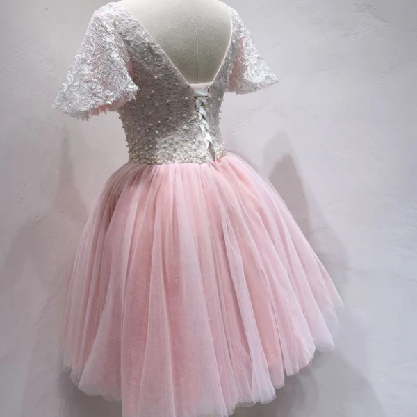 Chic / Belle Rougissant Rose Robe De Fete 2018 Princesse En Dentelle Perle V-Cou Dos Nu Manches Courtes Courte Robe De Ceremonie