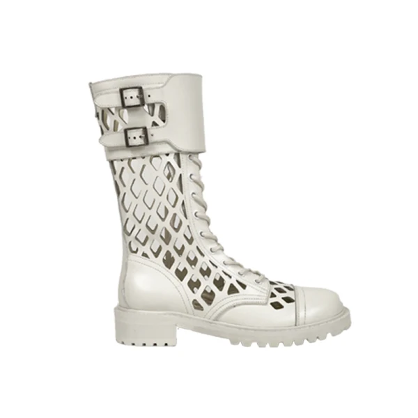Fashion White Street Wear Pierced Ankle Womens Boots 2020 Leather 3 cm Low Heel Thick Heels Round Toe Boots