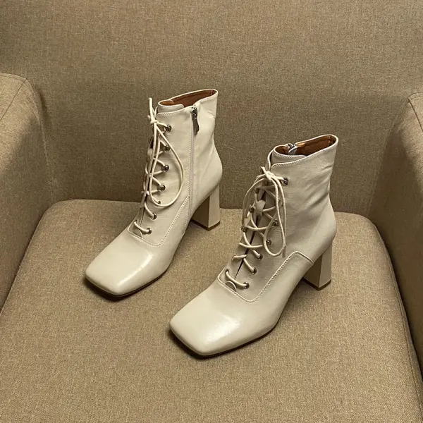 Enkel Høst Aprikos Casual Ankel Kvinners støvler 2020 Lær 7 cm Tykk Hæler Firkantetå Boots
