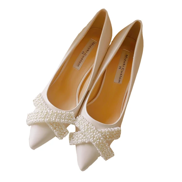 Élégant Ivoire Satin Perle Chaussure De Mariée 2020 7 cm Talons Aiguilles À Bout Pointu Mariage Escarpins