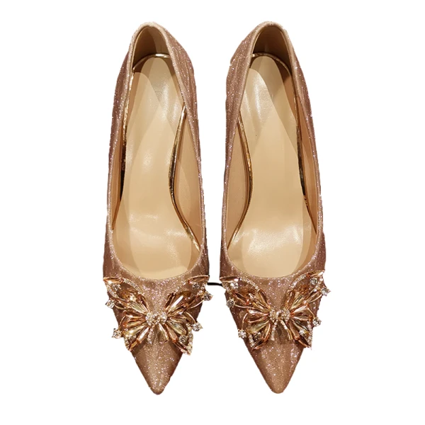 Charmant Champagner Kristall Brautschuhe 2020 Leder Strass Pailletten 10 cm Stilettos Spitzschuh Hochzeit Pumps