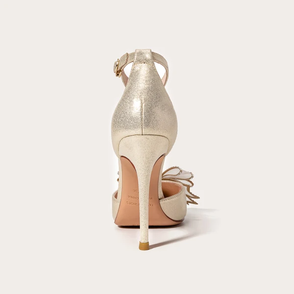 Mode Champagne Soirée Sandales Femme 2021 Cuir Faux Diamant Noeud Bride Cheville 10 cm Talons Aiguilles À Bout Pointu Sandales Talons Hauts