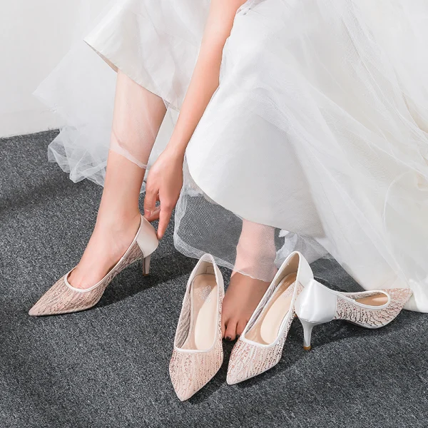 Charming Champagne Wedding Lace Pumps 2020 Rhinestone 6 cm Stiletto Heels Pointed Toe Pumps