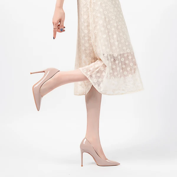 Chic / Beautiful Nude Office OL Pumps 2020 Leather Patent Leather 10 cm Stiletto Heels Pointed Toe Pumps