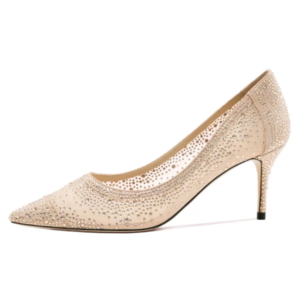 Charming Champagne Rhinestone Wedding Shoes 2020 Leather 7 cm Stiletto Heels Pointed Toe Wedding Pumps