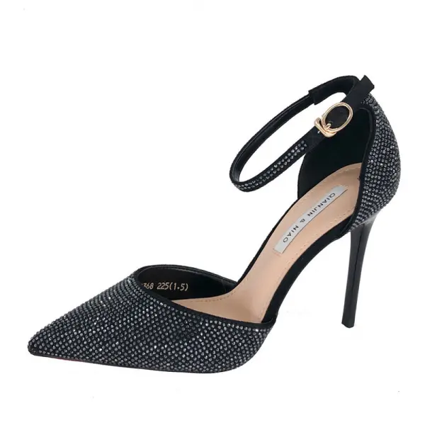 Charming Tan Evening Party Rhinestone Womens Sandals 2020 Ankle Strap 10 cm Stiletto Heels Pointed Toe Sandals