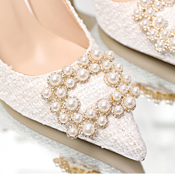 Élégant Ivoire Chaussure De Mariée 2020 Perle Faux Diamant 10 cm Talons Aiguilles À Bout Pointu Mariage Escarpins