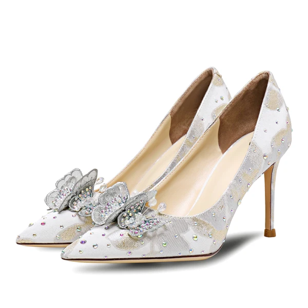 Chic / Beautiful White Satin Wedding Shoes 2020 Butterfly Embroidered Rhinestone 8 cm Stiletto Heels Pointed Toe Wedding Pumps