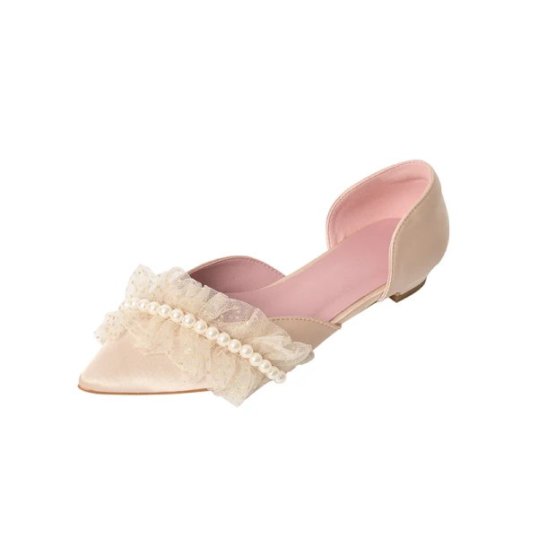 Elegante Champagner Perle Flache Brautschuhe 2020 Satin Pailletten Spitzschuh Hochzeit Sandaletten