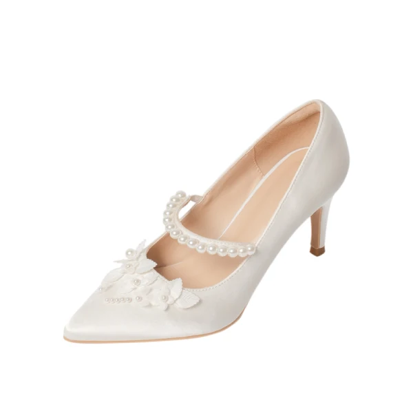 Élégant Ivoire Satin Chaussure De Mariée 2020 Brodé Perle 7 cm Talons Aiguilles À Bout Pointu Mariage Escarpins