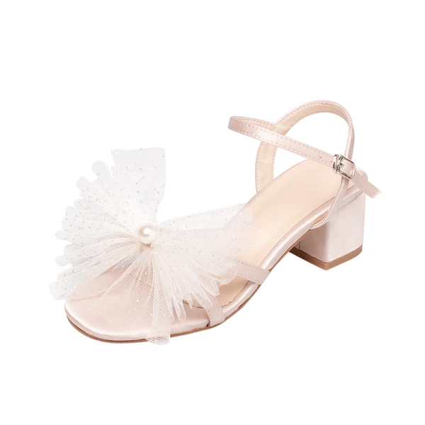 Sexy Champagne Perle Noeud Chaussure De Mariée 2020 Slingbacks 5 cm Talons Épais Peep Toes / Bout Ouvert Mariage Sandales