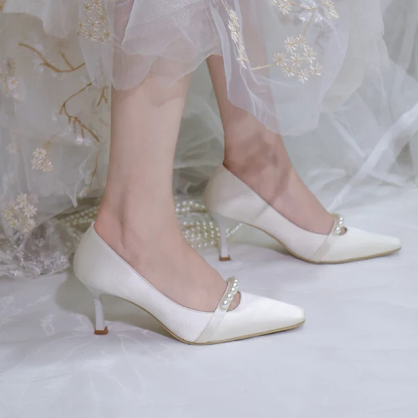Chic / Beautiful Ivory Pearl Wedding Shoes 2020 7 cm Stiletto Heels Pointed Toe Wedding Pumps