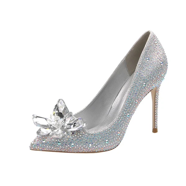 Cinderella Silver Crystal Wedding Shoes 2020 Leather Rhinestone 10 cm Stiletto Heels Pointed Toe Wedding Pumps