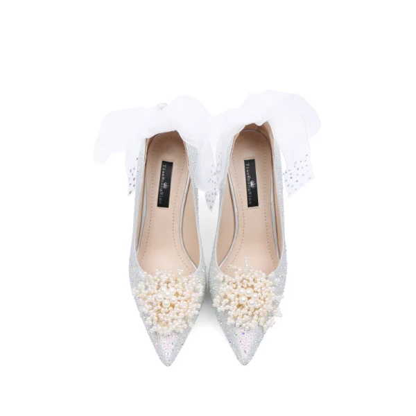 Luxury / Gorgeous Silver Rhinestone Wedding Shoes 2020 Leather Pearl Bow 10 cm Stiletto Heels Pointed Toe Wedding Pumps