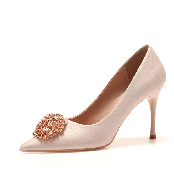 Chinese style Champagne Wedding Shoes 2020 Leather Pearl Rhinestone 9 cm Stiletto Heels Pointed Toe Wedding Pumps