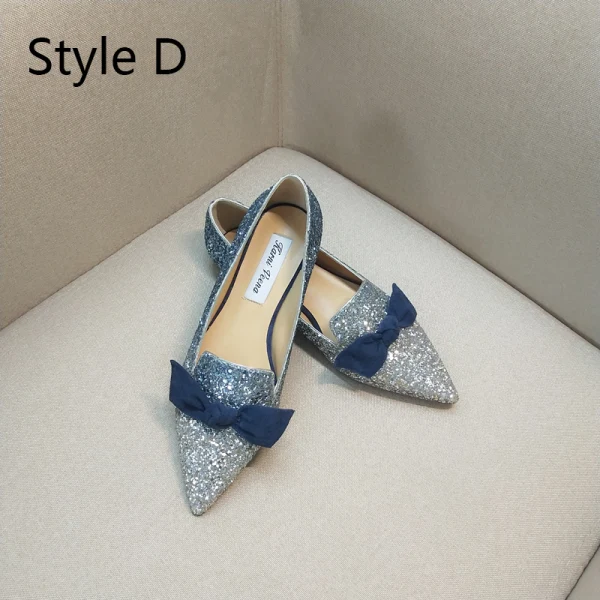 Sparkly Gradient-Color Prom Flat Womens Shoes 2020 Sequins Bow Pointed Toe Heels