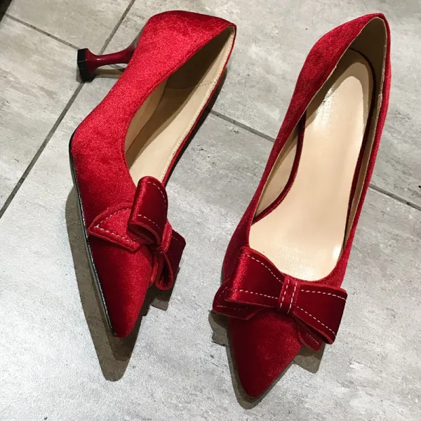Chic / Beautiful Burgundy Prom Suede Pumps 2020 Leather Bow 6 cm Stiletto Heels Pointed Toe Pumps