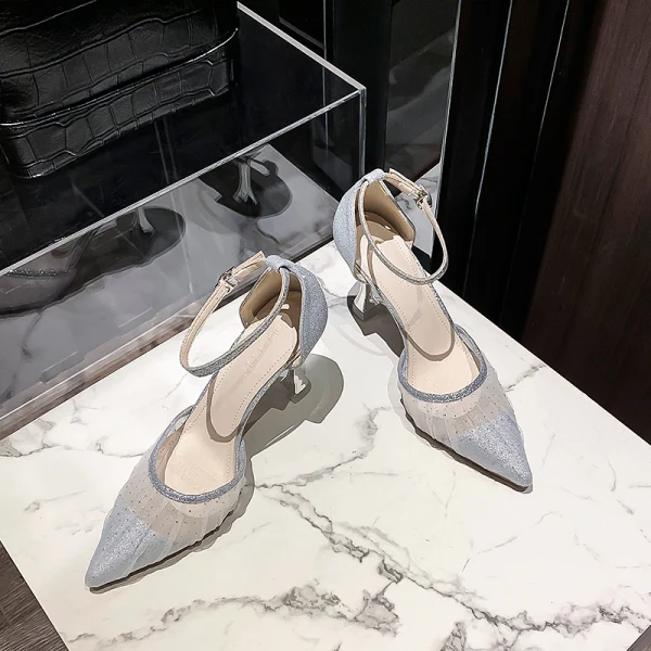 Sexy Champagne Evening Party Womens Sandals 2020 Ankle Strap Sequins 8 cm Stiletto Heels Pointed Toe Sandals