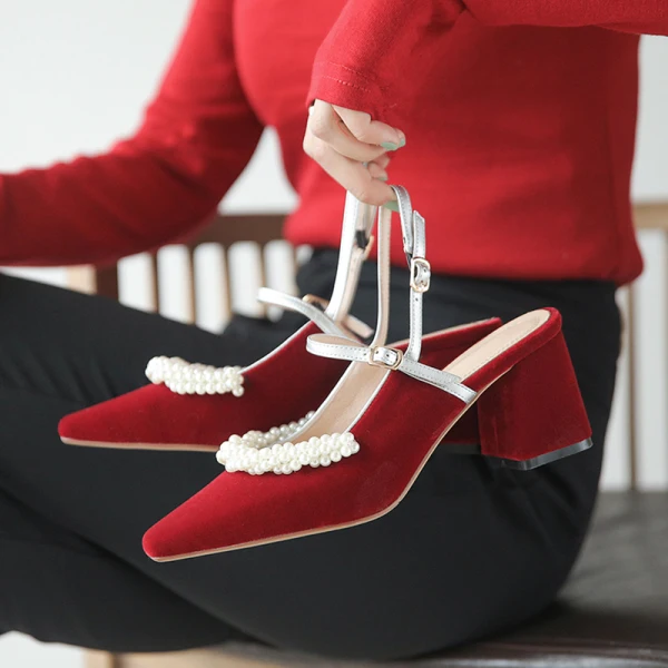 Elegant Burgundy Prom Slingbacks Womens Shoes 2020 Pearl 6 cm Thick Heels Pointed Toe Heels