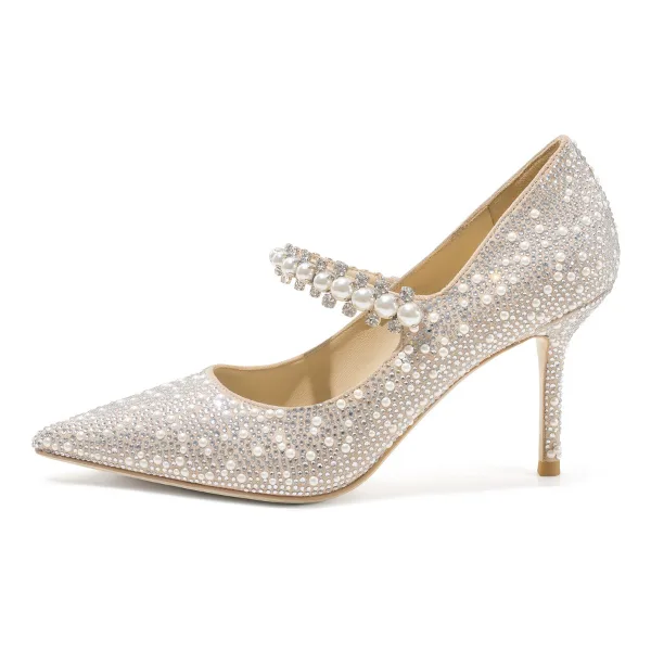 Luxury / Gorgeous Blushing Pink Pearl Rhinestone Wedding Shoes 2020 Leather 8 cm Stiletto Heels Pointed Toe Wedding Pumps
