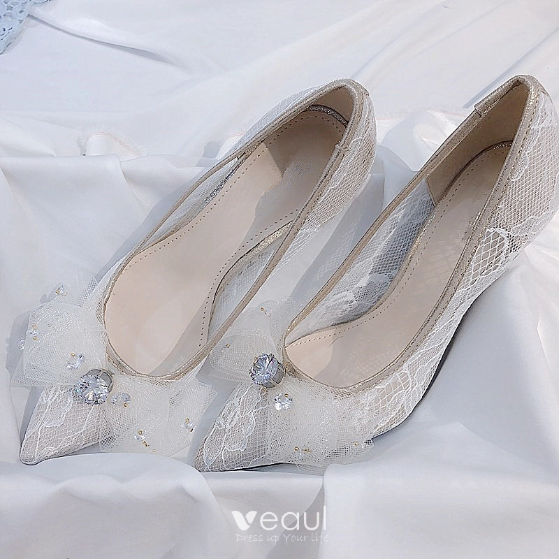 Chic / Beautiful White Wedding Shoes 2018 Bow Lace Rhinestone 8 cm ...