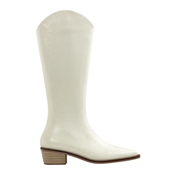 Fashion Beige Street Wear Mid Calf Womens Boots 2020 Leather 4 cm Thick Heels Low Heel Pointed Toe Boots