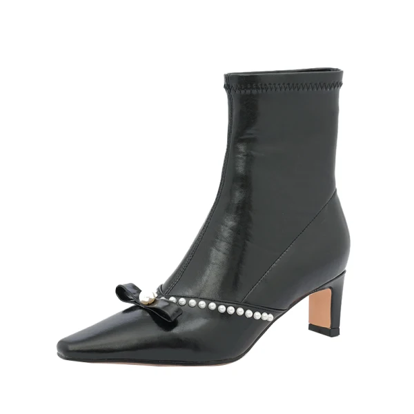 Modest / Simple Black Street Wear Pearl Bow Womens Boots 2020 Leather 5 cm Thick Heels Pointed Toe Boots