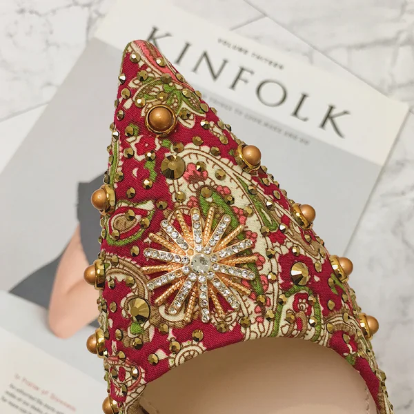 Style Chinois Rouge Faux Diamant Chaussure De Mariée 2020 9 cm Talons Épais À Bout Pointu Mariage Escarpins