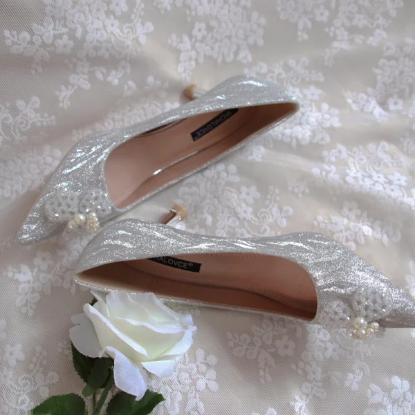 Elegant Vintage / Retro Silver Glitter Wedding Shoes 2020 Leather Crystal Pearl 5 cm Stiletto Heels Pointed Toe Wedding Pumps