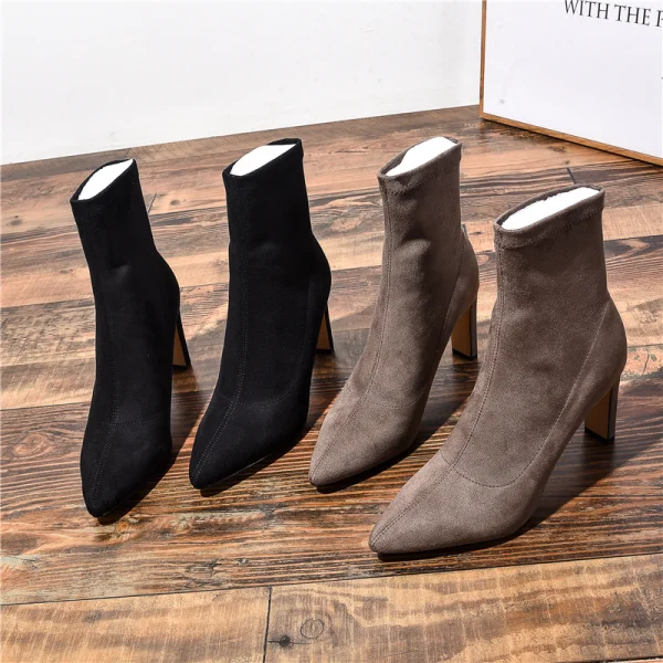 Modest / Simple Black Street Wear Ankle Suede Womens Boots 2020 8 cm Thick Heels Pointed Toe Boots
