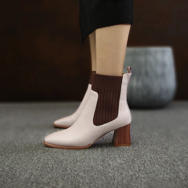 Mote Brun Gateklær Ankel Kvinners støvler 2020 Lær 6 cm Tykk Hæler Firkantetå Boots