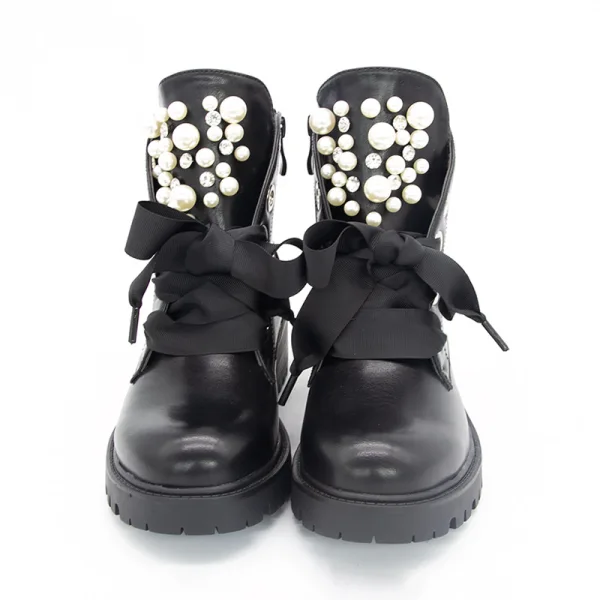Mode Noire Vêtement de rue Bottines Bottes Femme 2020 Perle À Bout Rond Plate Bottes