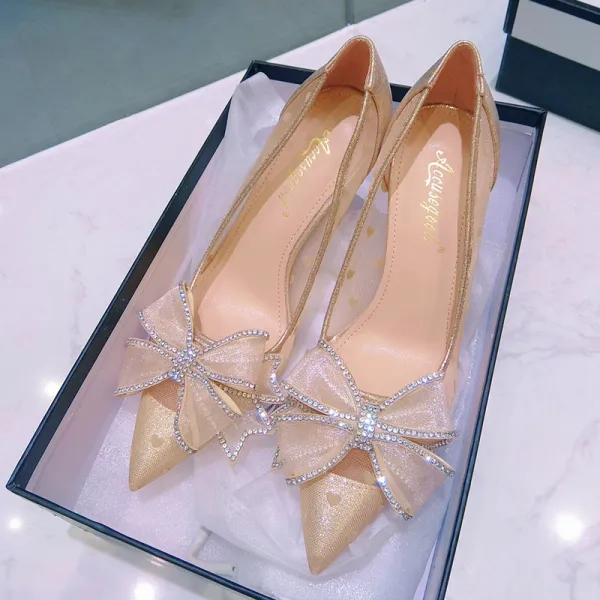 Uroczy Moda Srebrny Rhinestone Kokarda Buty Ślubne 2020 10 cm Szpilki Szpiczaste Ślub Czółenka