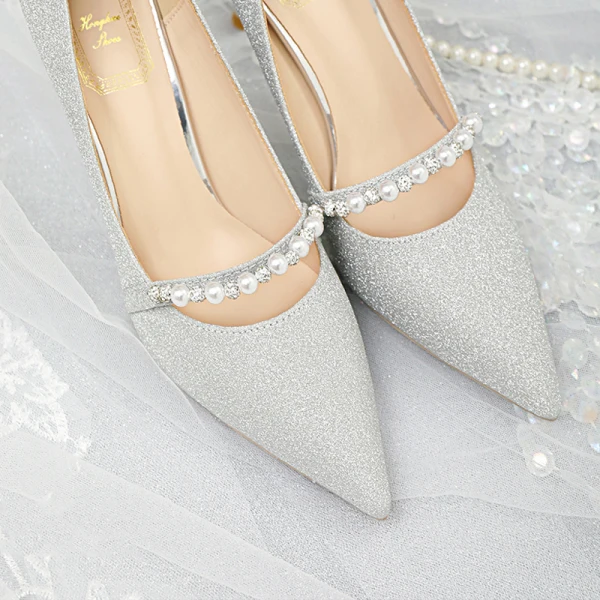 Schöne Silber Pailletten Brautschuhe 2020 Strass Perle 8 cm Stilettos Spitzschuh Hochzeit Pumps