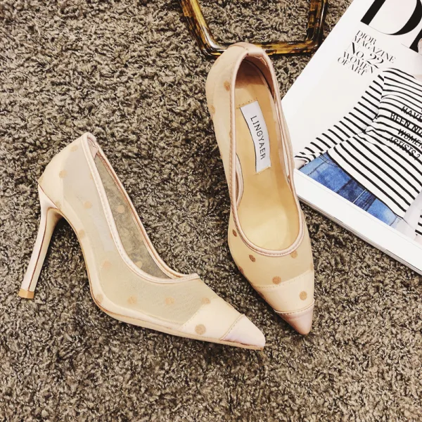 Chic / Beautiful Black Summer Casual Pumps 2018 Leather Spotted 10 cm Stiletto Heels Pointed Toe Pumps