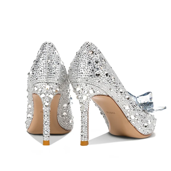 Charmant Zilveren Kristal Bruidsschoenen 2020 Rhinestone 9 cm Naaldhakken / Stiletto Spitse Neus Huwelijk Pumps
