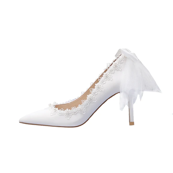 Eleganta Elfenben Brudskor 2020 Läder Spets Pärla Rosett 9 cm Stilettklackar Spetsiga Bröllop Pumps