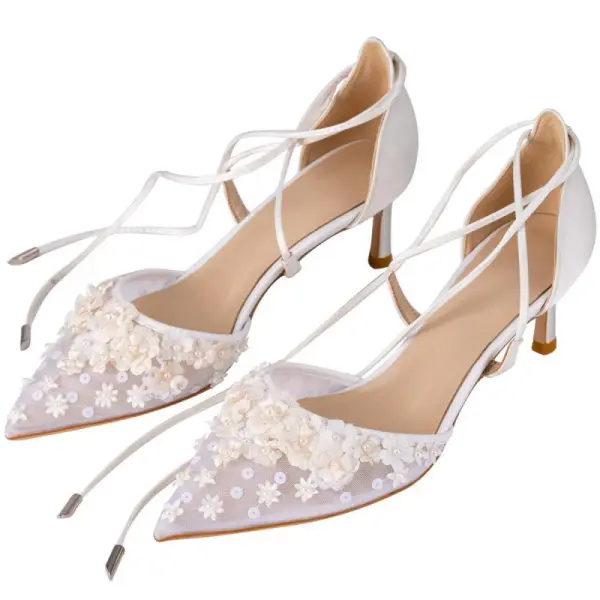 Elegante Weiß Brautschuhe 2020 Knöchelriemen Applikationen 6 cm Stilettos Spitzschuh Hochzeit High Heels